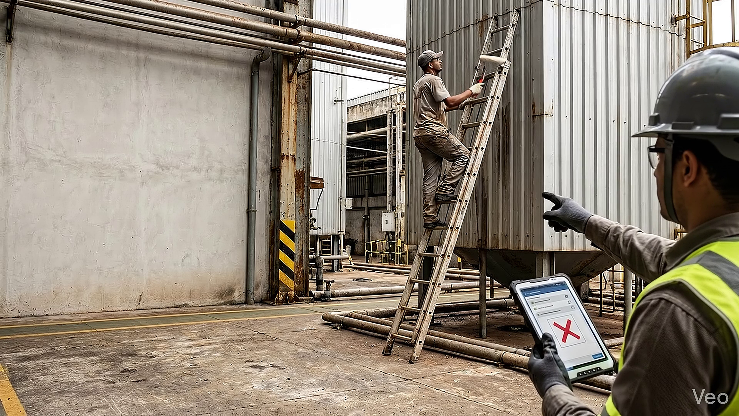 Cenário industrial com inspeção em campo e colaborador monitorando trabalho em altura